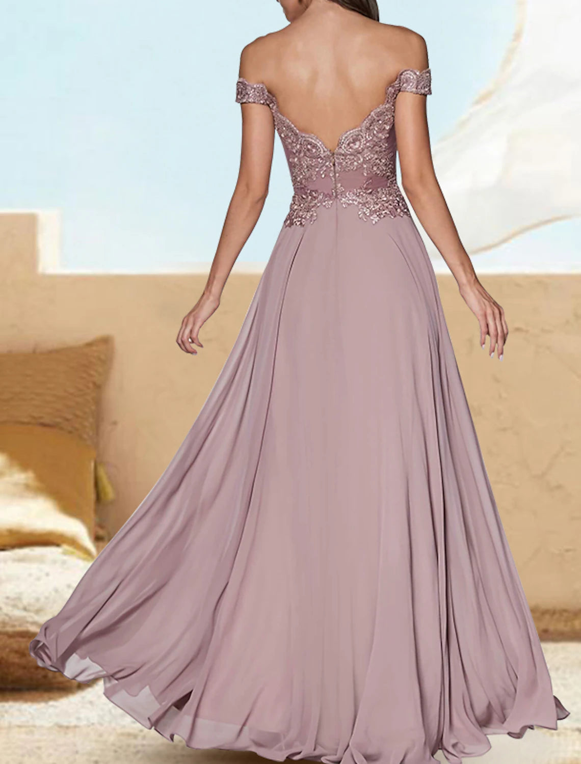 A-Line Evening Gown Luxurious Dress Formal Wedding Guest Floor Length Short Sleeve Off Shoulder Chiffon with Appliques Pure Color 2025